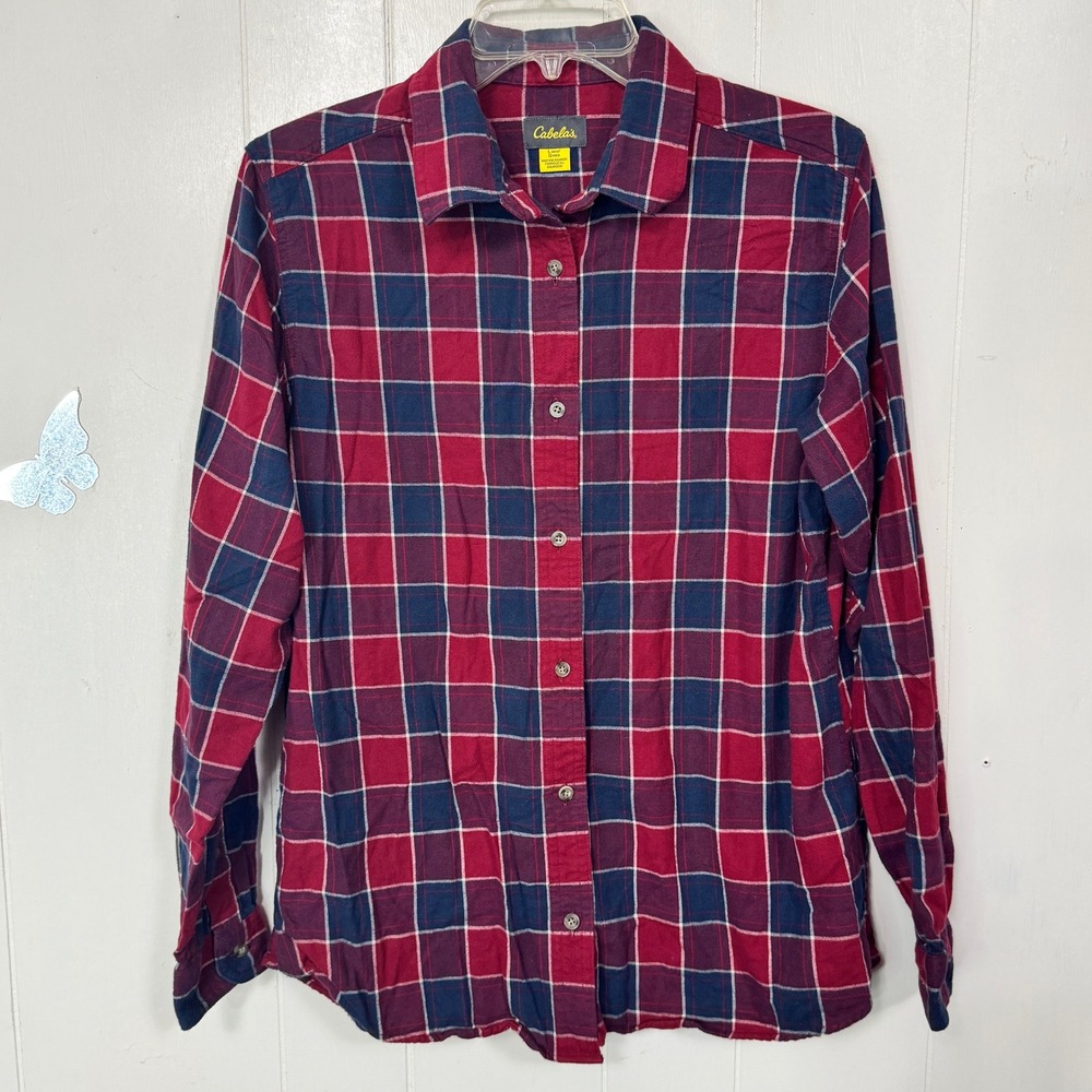 Cabela's Women's Flannel Shirt Size Large Regular Plaid Long Sleeve Button Up